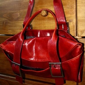 KENNETH COLE New York RUST RED Glazed Leather Silver Buckle Shoulder Bag